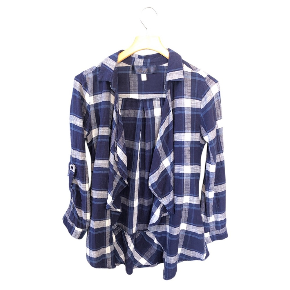 Francesca’s Blue Rain Collared Blue White Plaid 3/4 Sleeve Ruffled Tunic Small